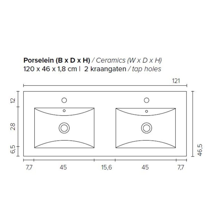 Badkamermeubel BWS Pepper Wastafel Porselein 2 Kraangaten Spiegelkast 120x55x46 cm Antraciet