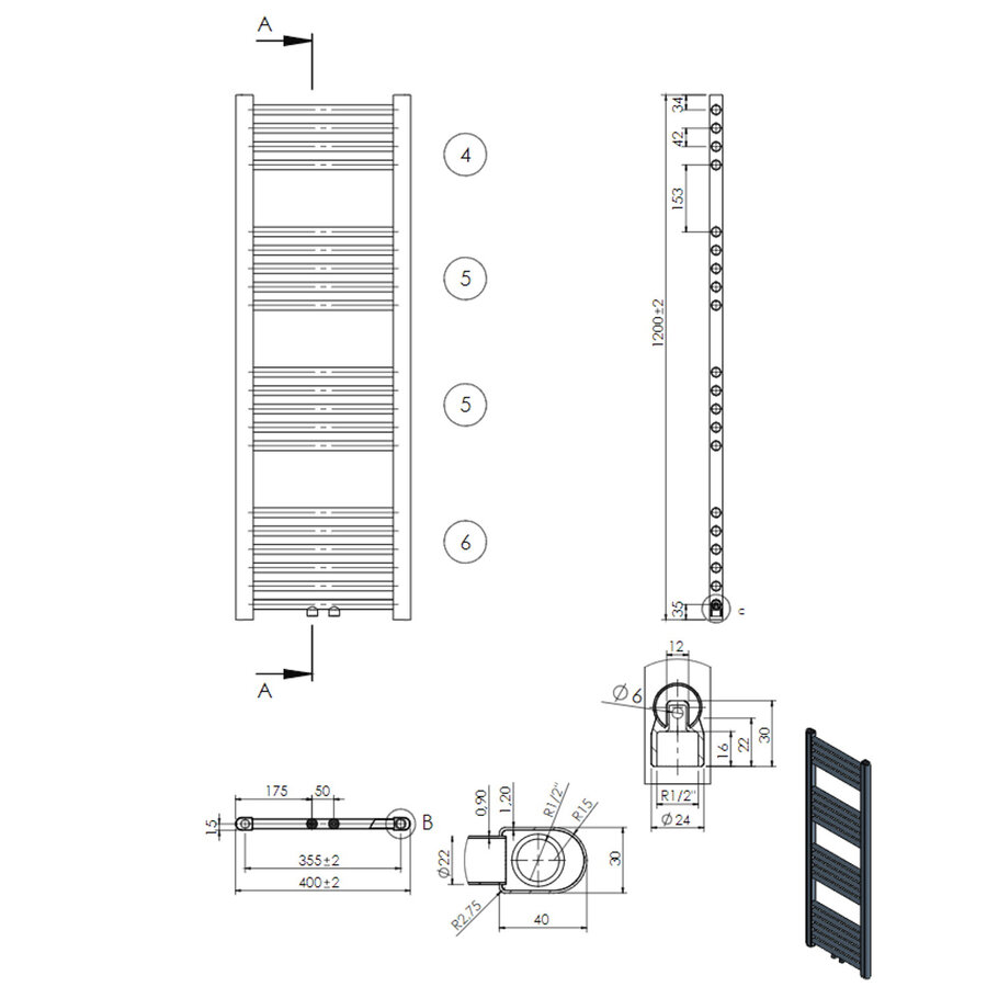 Designradiator Nile Gobi 120x40cm 458W Wit (Midden/zij-ansluiting)