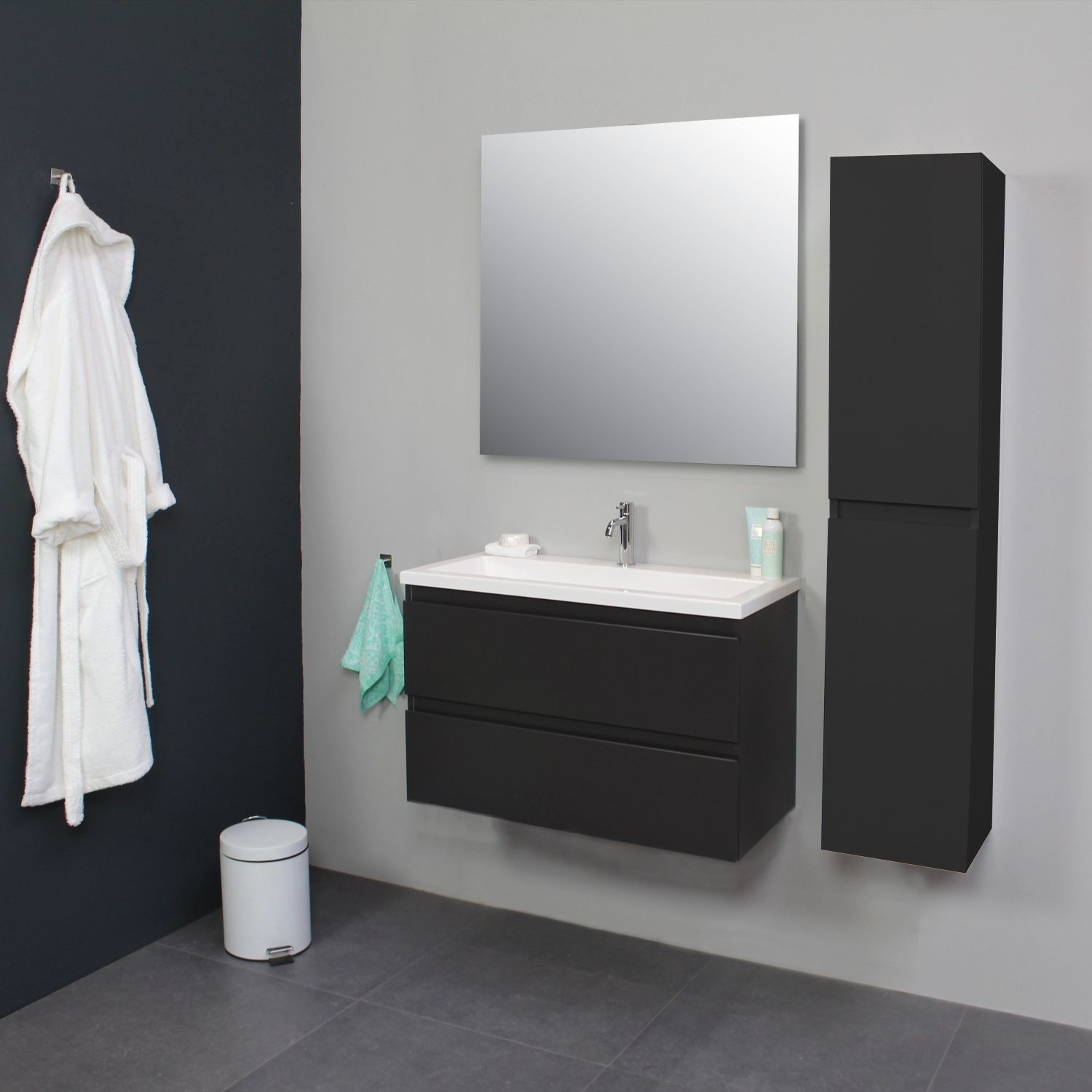 Badkamermeubel Boss & Wessing Pepper Acryl Wastafel Met Kraangat Inclusief Spiegel 80x55x46 cm Antraciet Boss & Wessing