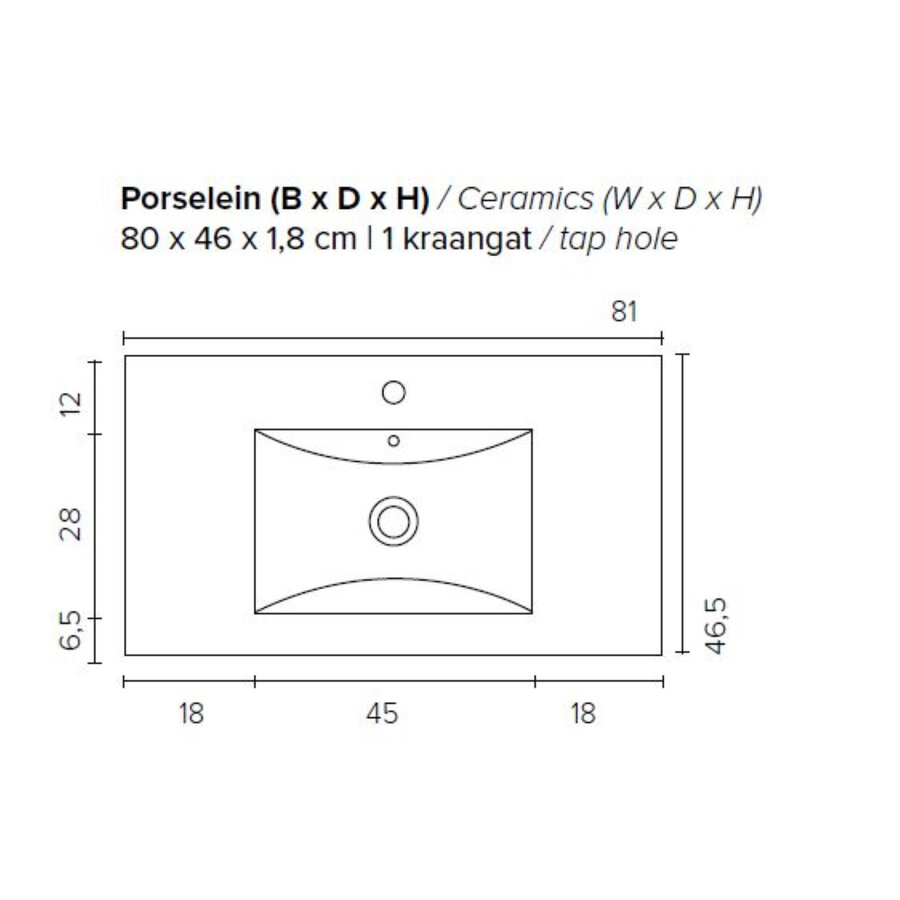 Badkamermeubel Boss & Wessing Pepper Wastafel Porselein Met Kraangat 80x55x46 cm Eiken