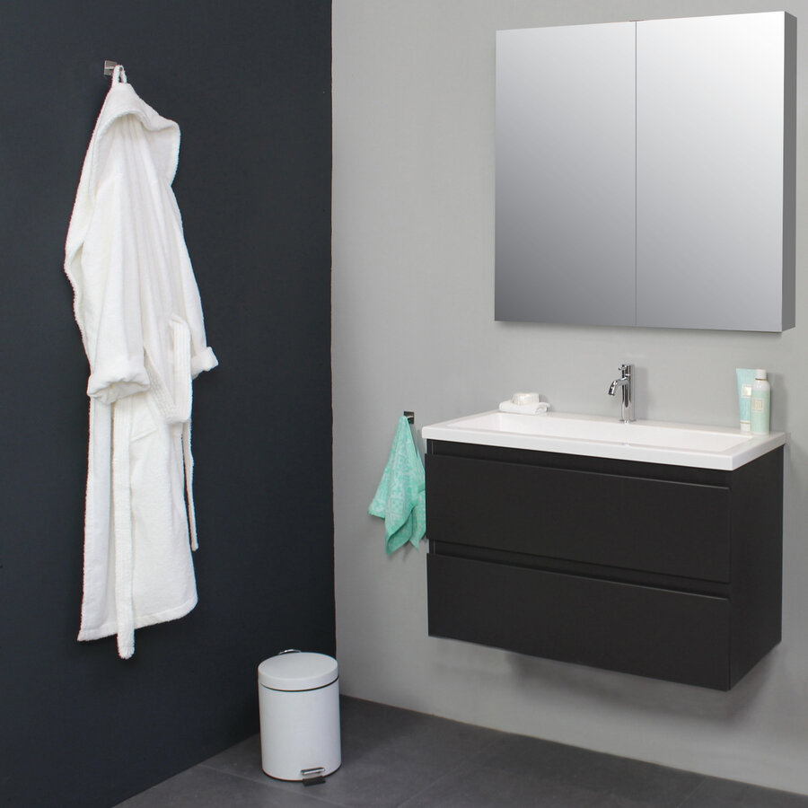 Badkamermeubel BWS Pepper Wastafel Acryl Incl Spiegelkast 2 Deurs Met Kraangat 80x55x46 cm Antraciet