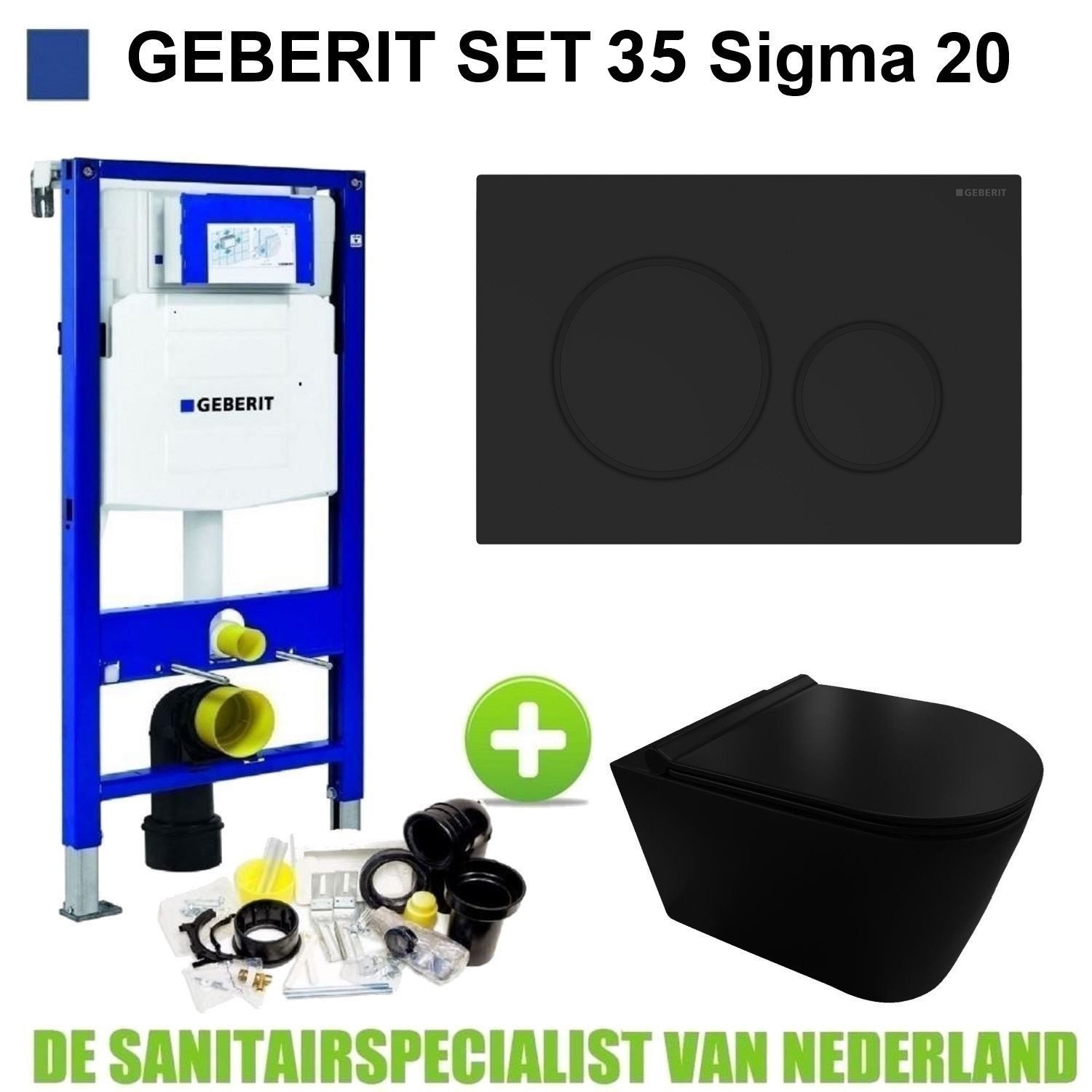 Geberit UP320 Toiletset 35 Civita Black Rimless Sigma 20 Mat Zwart Drukplaat