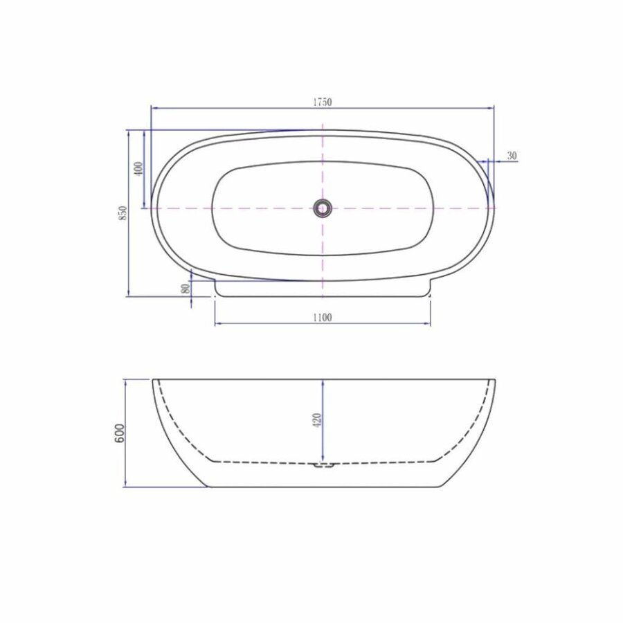 Halfvrijstaand Bad Luca Sanitair Primo 175x85x60cm Acryl Glans Wit Met Overloop