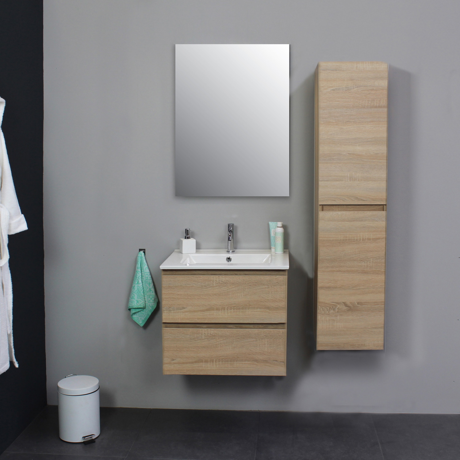 Badkamermeubel BWS Pepper Wastafel Porselein Incl Spiegelkast Met Kraangat 60x55x46 cm Eiken Boss & Wessing