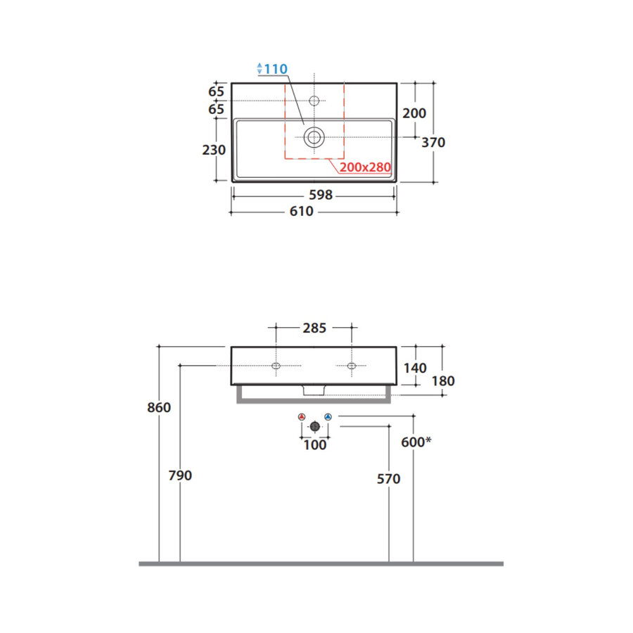Wastafel Luca Sanitair Globo 61x37x14cm Keramiek Overloop (Met kraangat) Wit