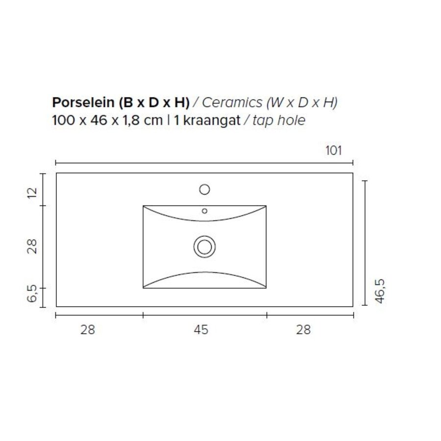 Badkamermeubel Boss & Wessing Pepper Wastafel Porselein Met Kraangat 100x55x46 cm Eiken