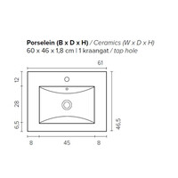 Badkamermeubel BWS Pepper Wastafel Porselein Incl Spiegelkast Met Kraangat 60x55x46 cm Wit