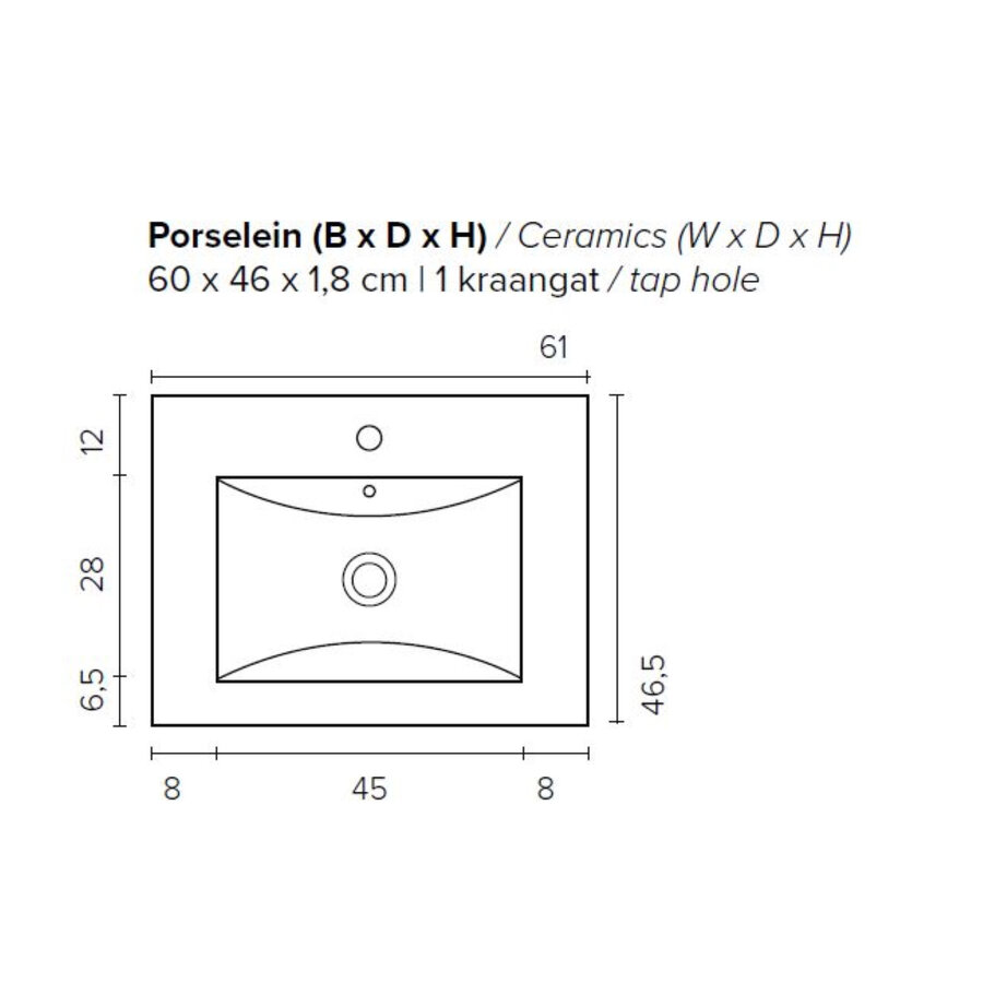 Badkamermeubel BWS Pepper Wastafel Porselein Incl Spiegelkast Met Kraangat 60x55x46 cm Wit