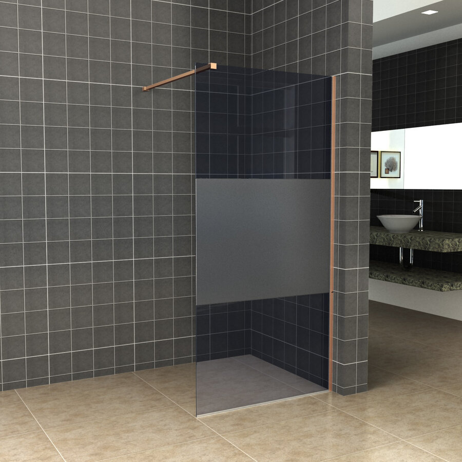 AQS Inloopdouche Pro Line Rookglas met Middenband 8mm Nano Coating Geborsteld Brons Koper Profiel en Stang (ALLE MATEN)