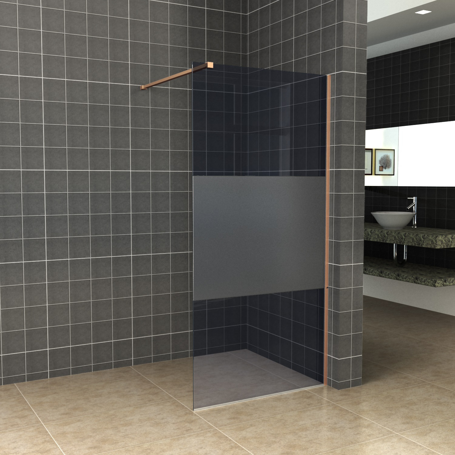 Aqua Splash AQS Inloopdouche Pro Line Rookglas met Middenband 8 mm Nano Coating Geborsteld Brons Koper Profiel en Stang - Proline 90x200 cm Messing