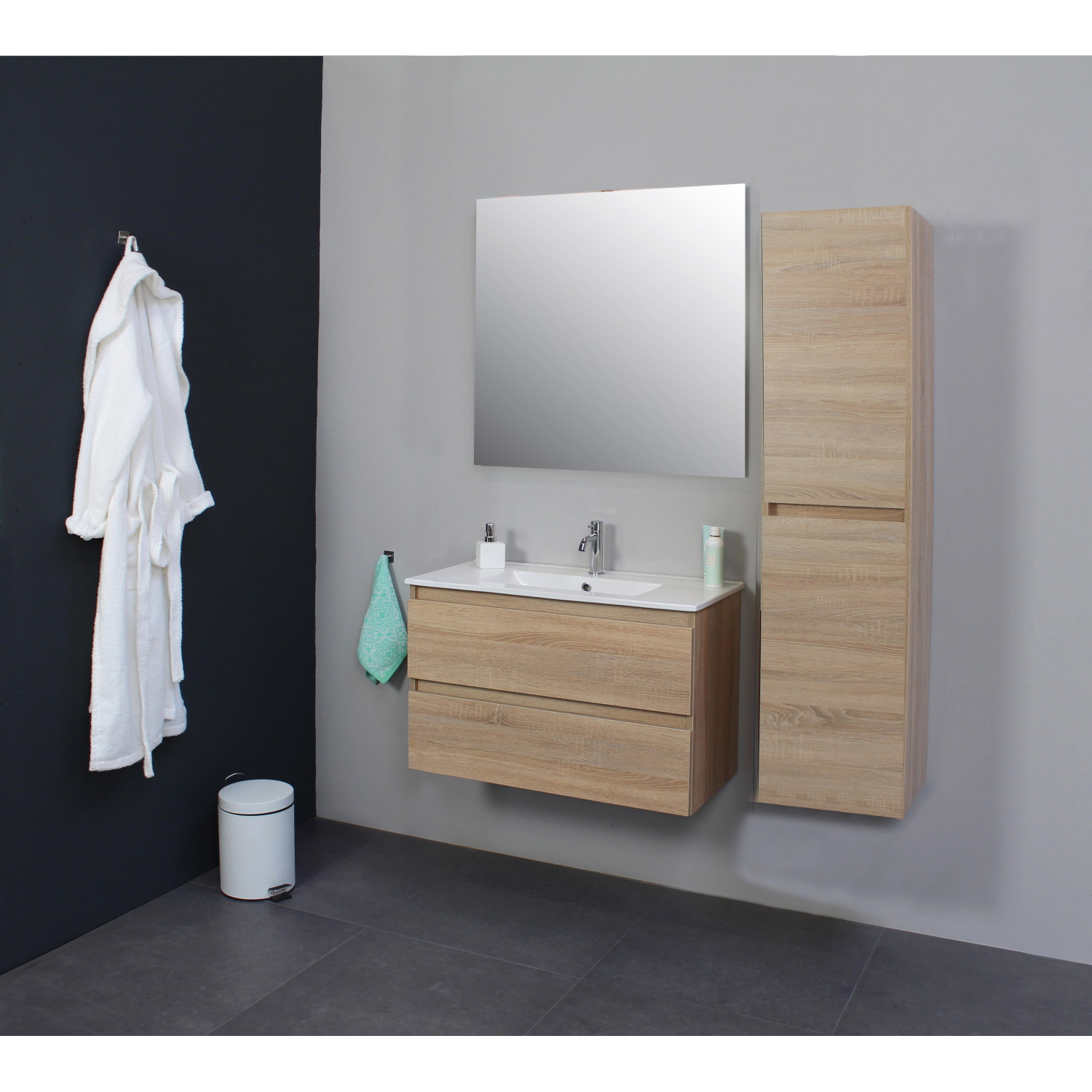 Badkamermeubel Boss & Wessing Pepper Wastafel Porselein Incl Spiegel En Kraangat 80x55x46 cm Eiken Boss & Wessing