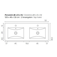 Badkamermeubel Boss & Wessing Pepper Wastafel Porselein Twee Kraangaten Incl Spiegel 120x55x46 cm Wit
