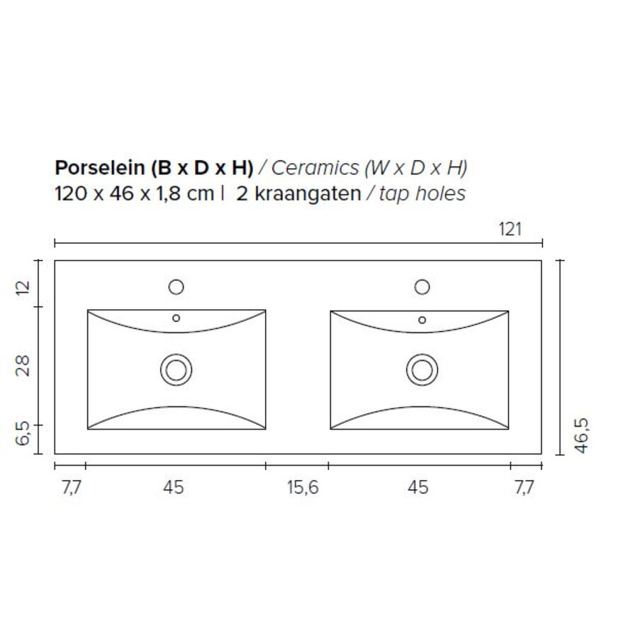 Badkamermeubel Boss & Wessing Pepper Wastafel Porselein Twee Kraangaten Incl Spiegel 120x55x46 cm Wit