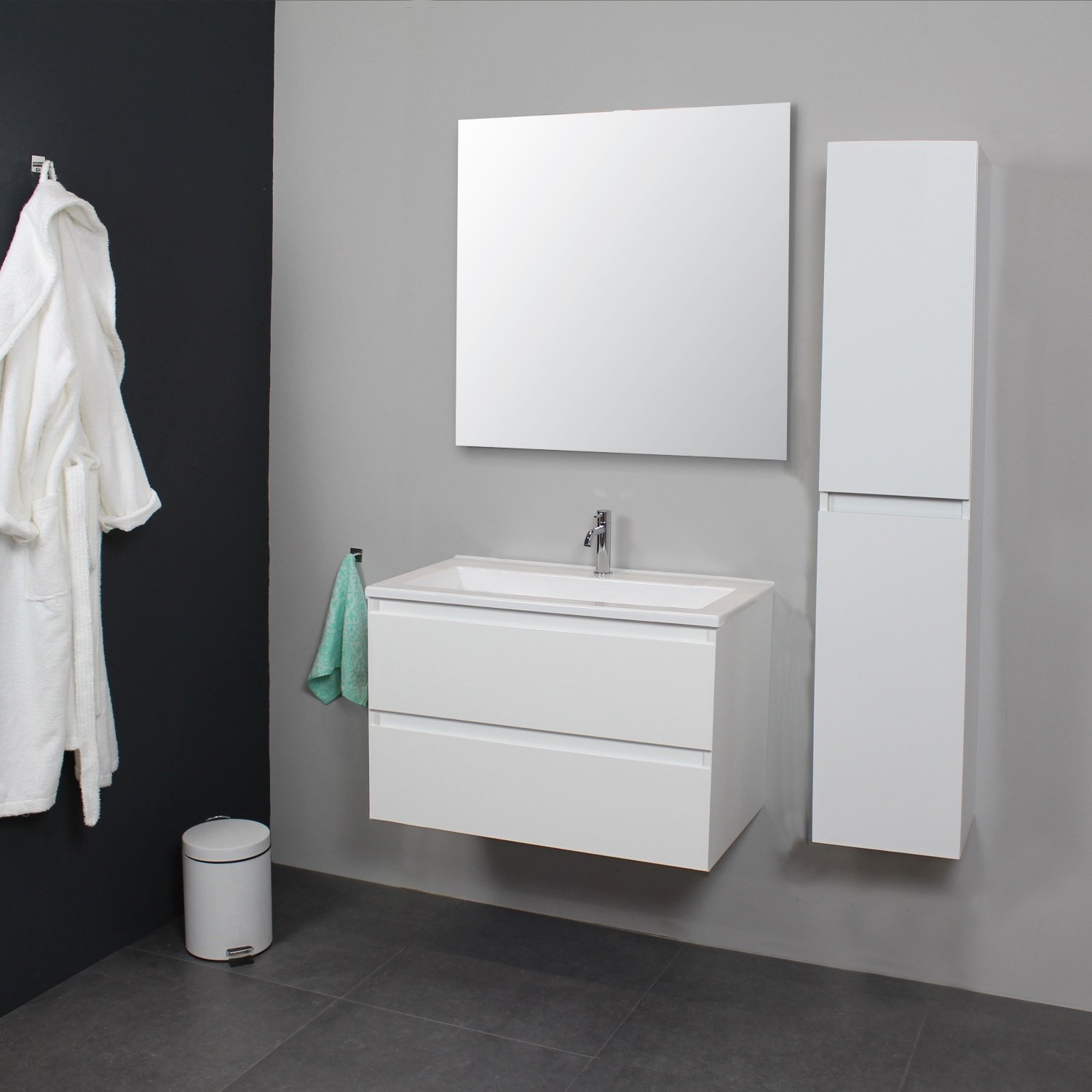 Badkamermeubel Boss & Wessing Pepper Acryl Wastafel Met Kraangat Inclusief Spiegel 80x55x46 cm Wit Boss & Wessing