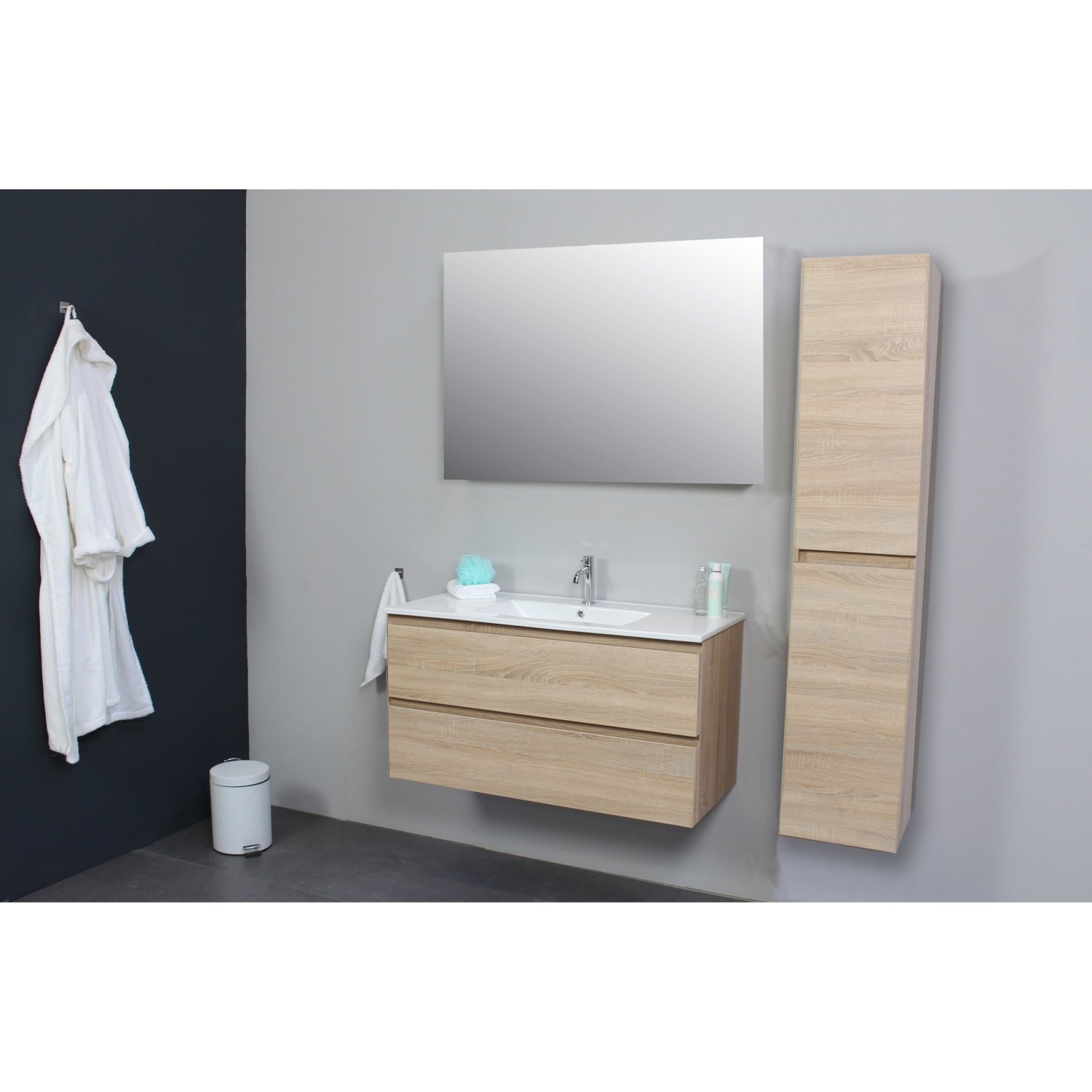 Badkamermeubel Boss & Wessing Pepper Wastafel Porselein Incl Spiegel En Kraangat 100x55x46 cm Eiken Boss & Wessing