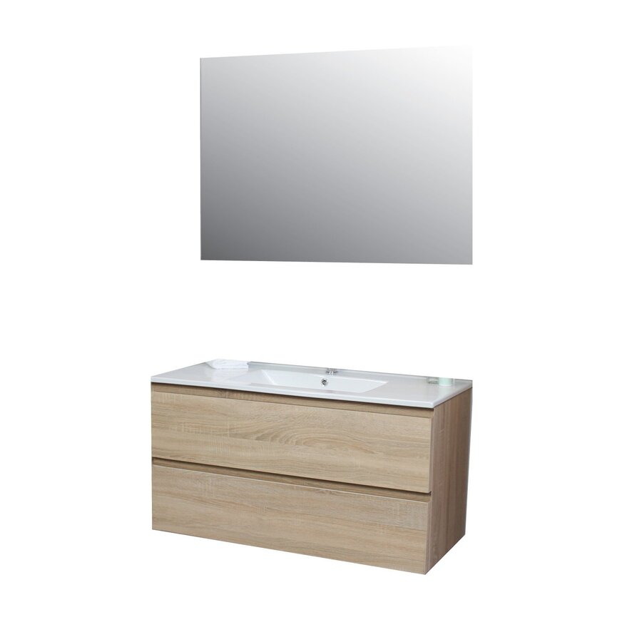 Badkamermeubel Boss & Wessing Pepper Wastafel Porselein Incl Spiegel En Kraangat 100x55x46 cm Eiken