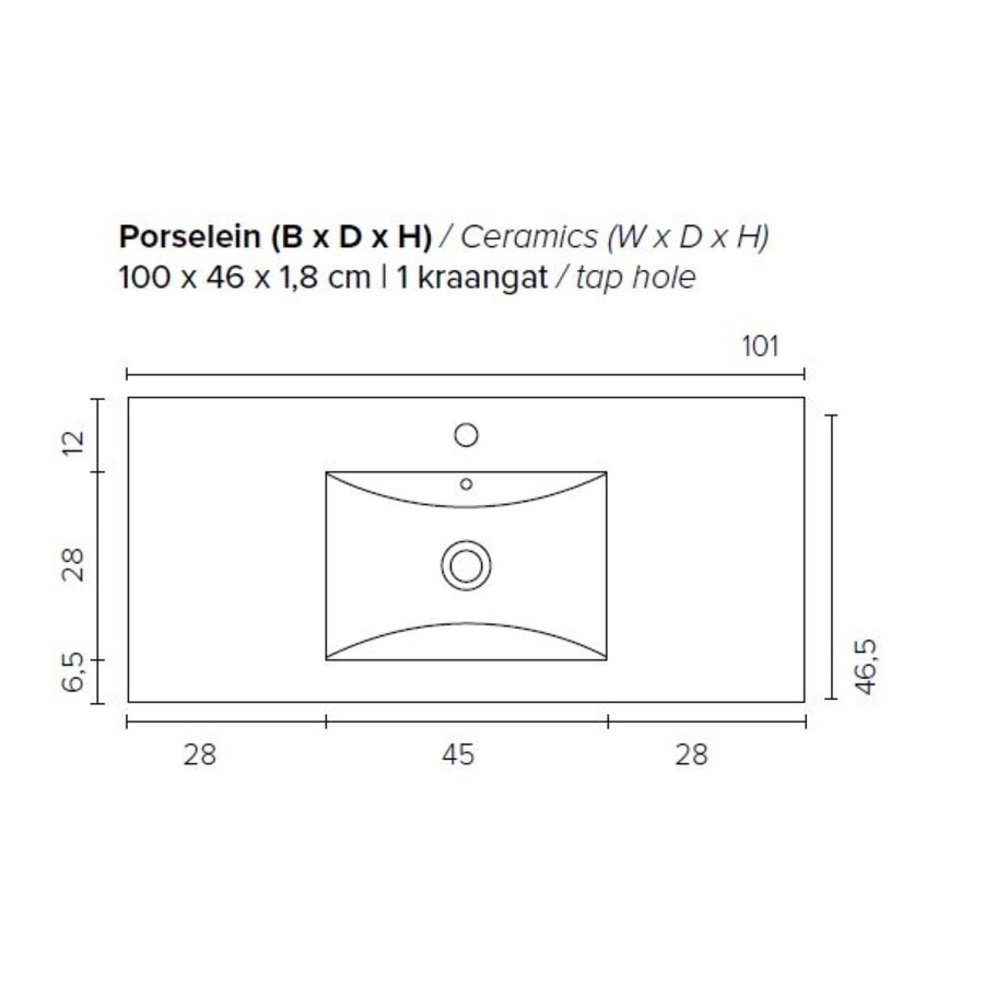 Badkamermeubel Boss & Wessing Pepper Wastafel Porselein Incl Spiegel En Kraangat 100x55x46 cm Eiken