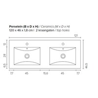 Badkamermeubel BWS Pepper Wastafel Porselein 2 Kraangaten Spiegelkast 120x55x46 cm Eiken