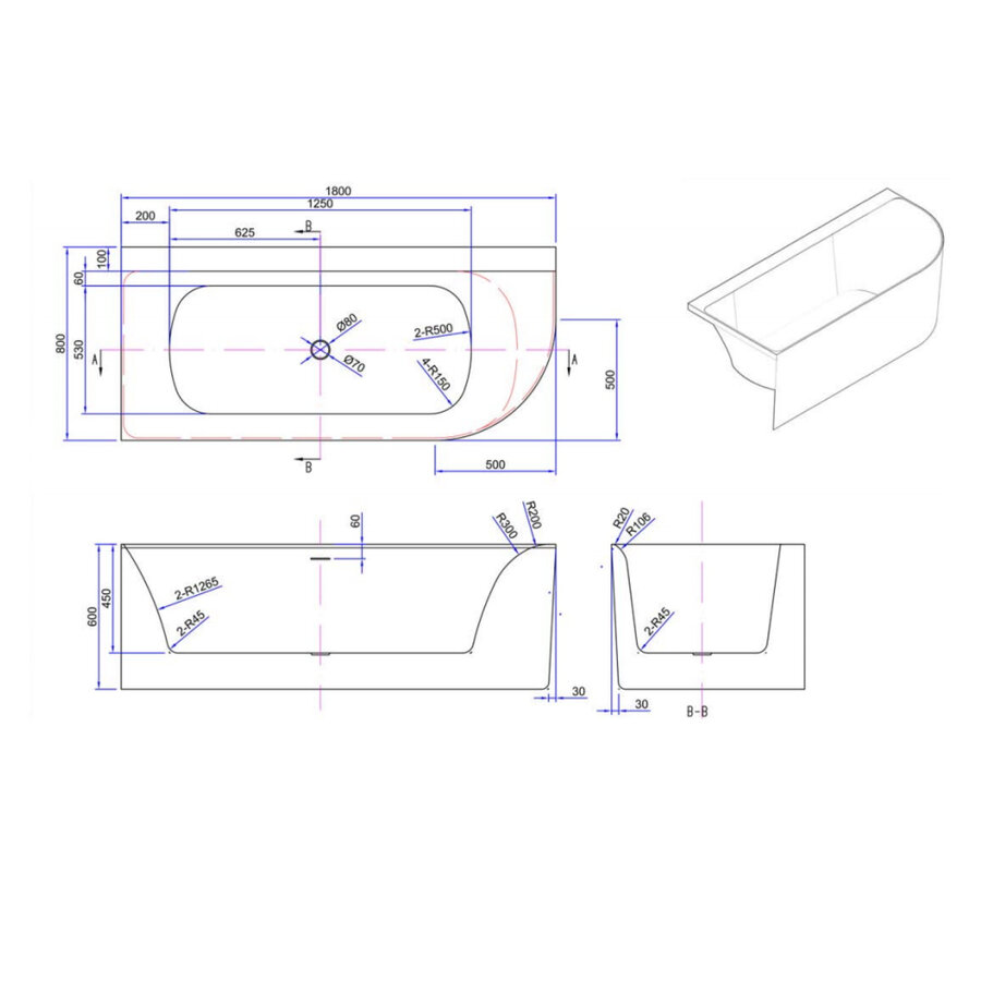 Half Vrijstaand Hoekbad Links Luca Sanitair Primo Acryl 180x80x60 cm Mat Wit (inclusief afvoer en sifon)