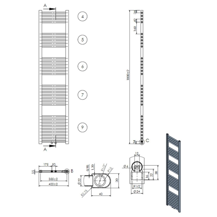 Designradiator Nile Gobi 180x40cm 699W Glanzend Wit (Midden/zij-aansluiting)