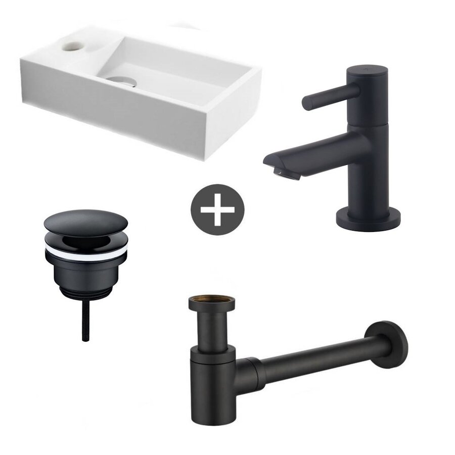 Fonteinpack Solid Surface Links Mat Wit 40x22x10 cm (Keuze uit 4 zwarte kranen)