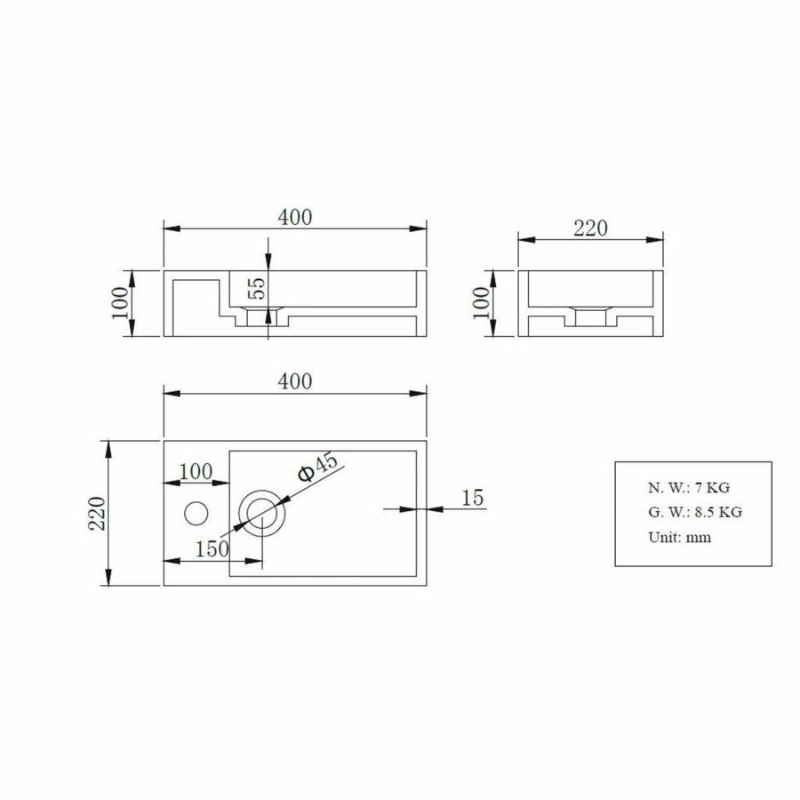 Fonteinpack Solid Surface Links Mat Wit 40x22x10 cm (Keuze uit 4 zwarte kranen)