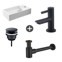 Fonteinpack Solid Surface Rechts Mat Wit 40x22x10 cm (Keuze uit 4 zwarte kranen)