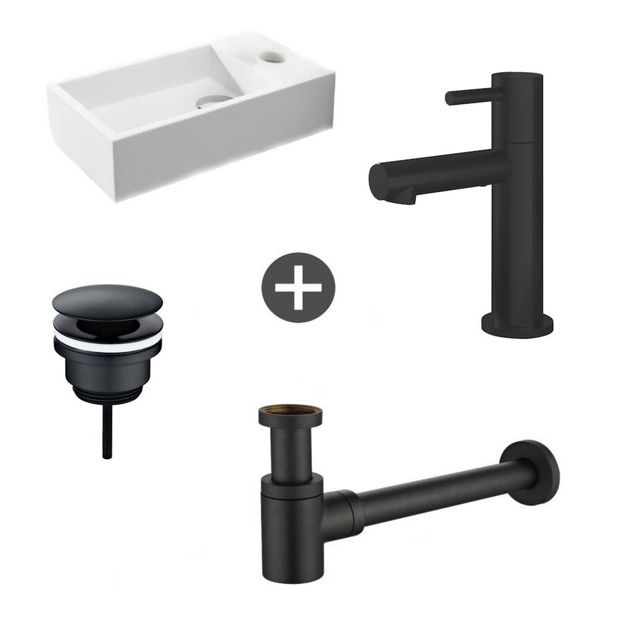 Fonteinpack Solid Surface Rechts Mat Wit 40x22x10 cm (Keuze uit 4 zwarte kranen)