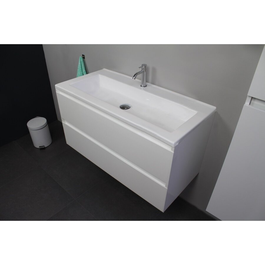 Badkamermeubel Boss & Wessing Pepper Acryl Wastafel Met Kraangat Inclusief Spiegel 100x55x46 cm Wit