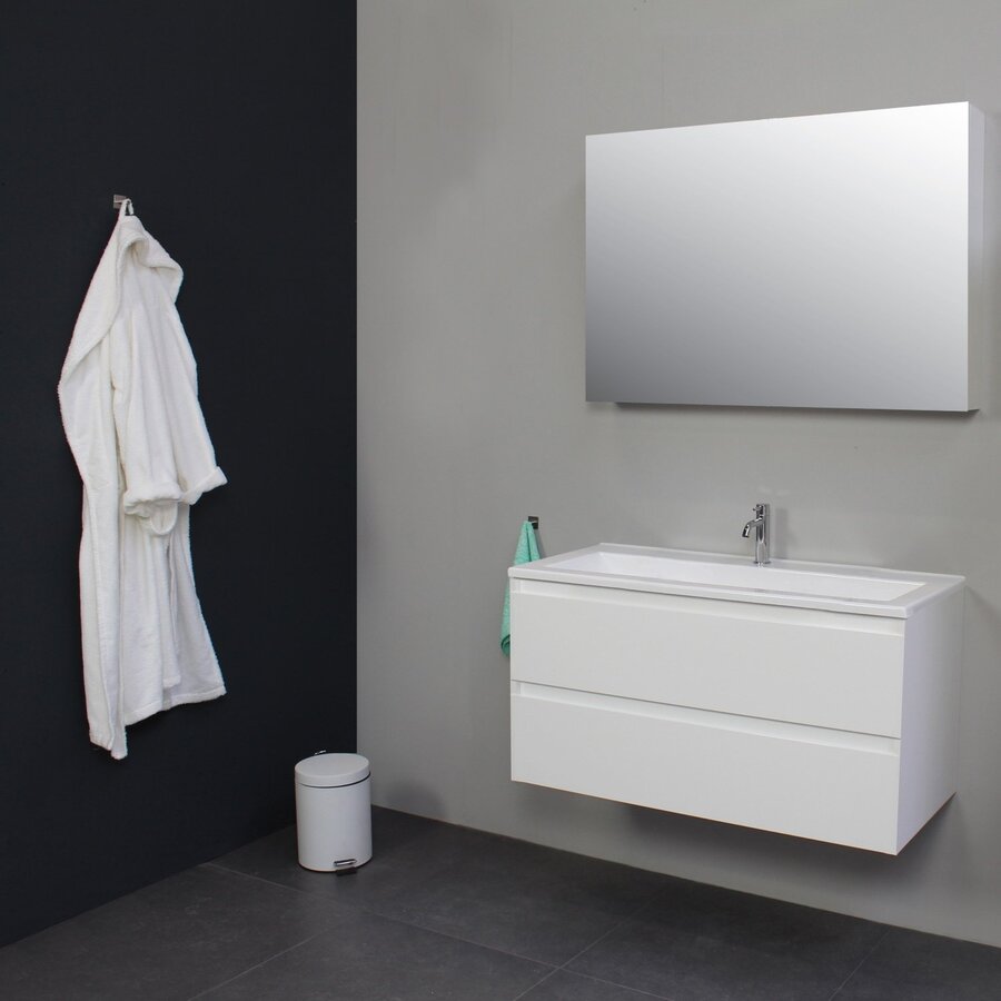 Badkamermeubel Boss & Wessing Pepper Acryl Wastafel Met Kraangat Inclusief Spiegel 100x55x46 cm Wit