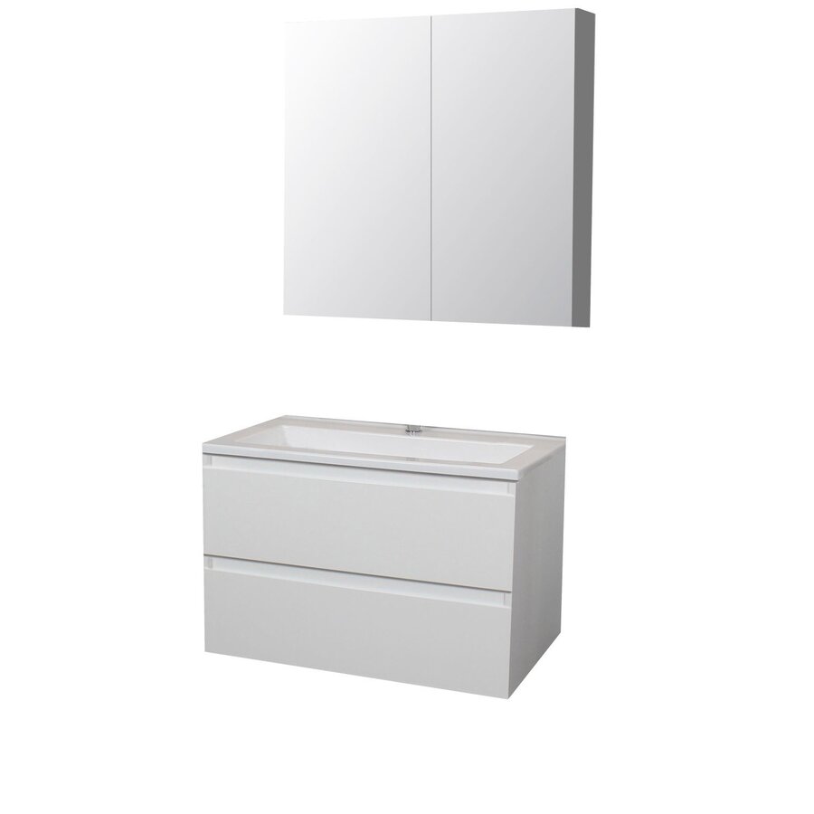 Badkamermeubel BWS Pepper Wastafel Acryl Incl Spiegelkast 2 Deurs Met Kraangat 80x55x46 cm Wit