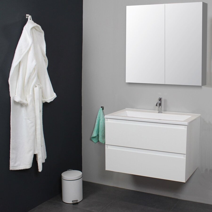 Badkamermeubel BWS Pepper Wastafel Acryl Incl Spiegelkast 2 Deurs Met Kraangat 80x55x46 cm Wit