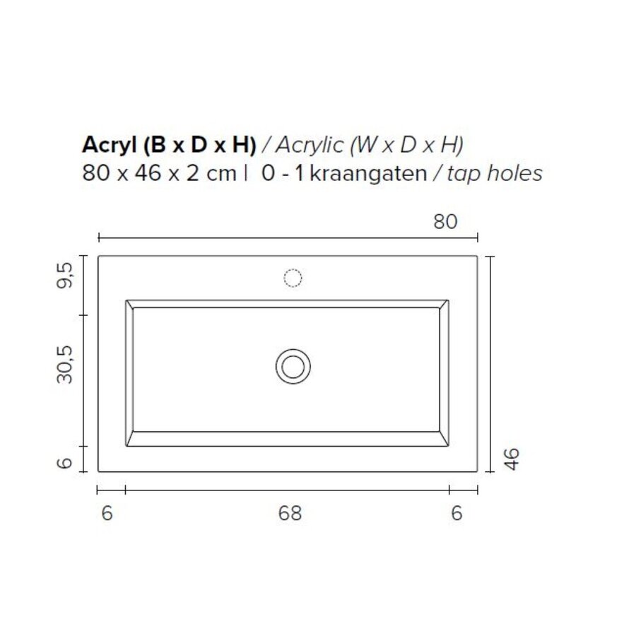 Badkamermeubel BWS Pepper Wastafel Acryl Incl Spiegelkast 2 Deurs Met Kraangat 80x55x46 cm Wit
