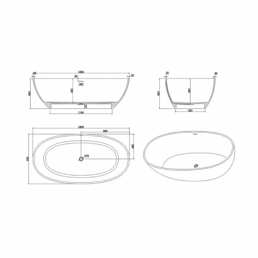 Vrijstaand Bad Luca Sanitair Vasca 180x93x56cm Mineral Stone Glans Wit