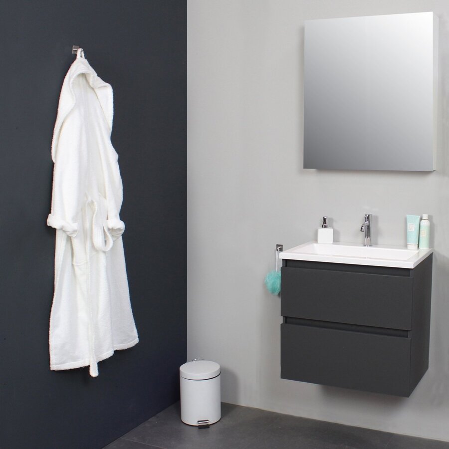 Badkamermeubel BWS Pepper Wastafel Acryl Incl Spiegelkast Met Kraangat 60x55x46 cm Antraciet