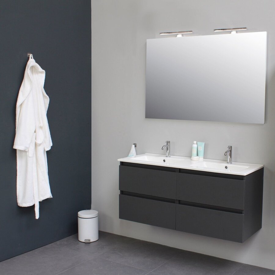 Badkamermeubel Boss & Wessing Pepper Wastafel Porselein Twee Kraangaten Incl Spiegel 120x55x46 cm Antraciet