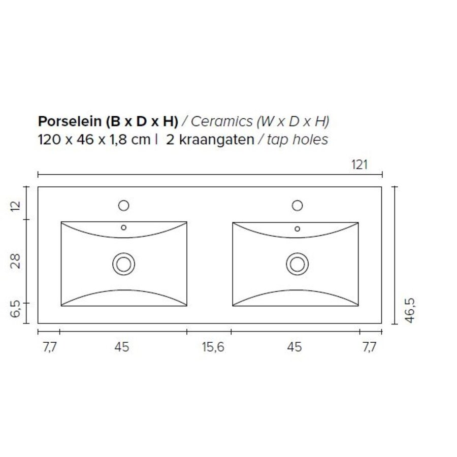 Badkamermeubel Boss & Wessing Pepper Wastafel Porselein Twee Kraangaten Incl Spiegel 120x55x46 cm Antraciet