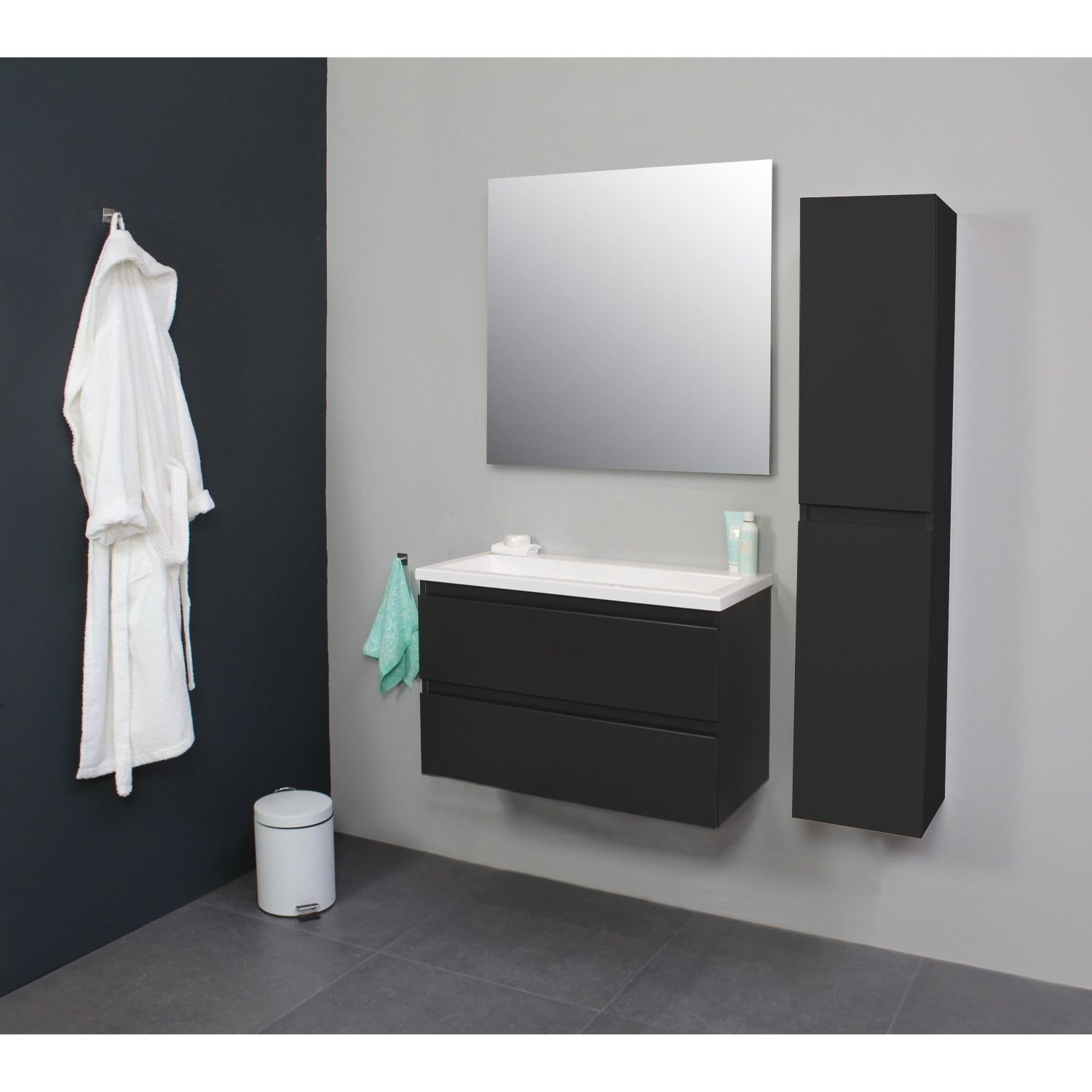 Badkamermeubel Boss & Wessing Pepper Acryl Wastafel Incl Spiegel Zonder Kraangat 80x55x46 cm Antraciet Boss & Wessing