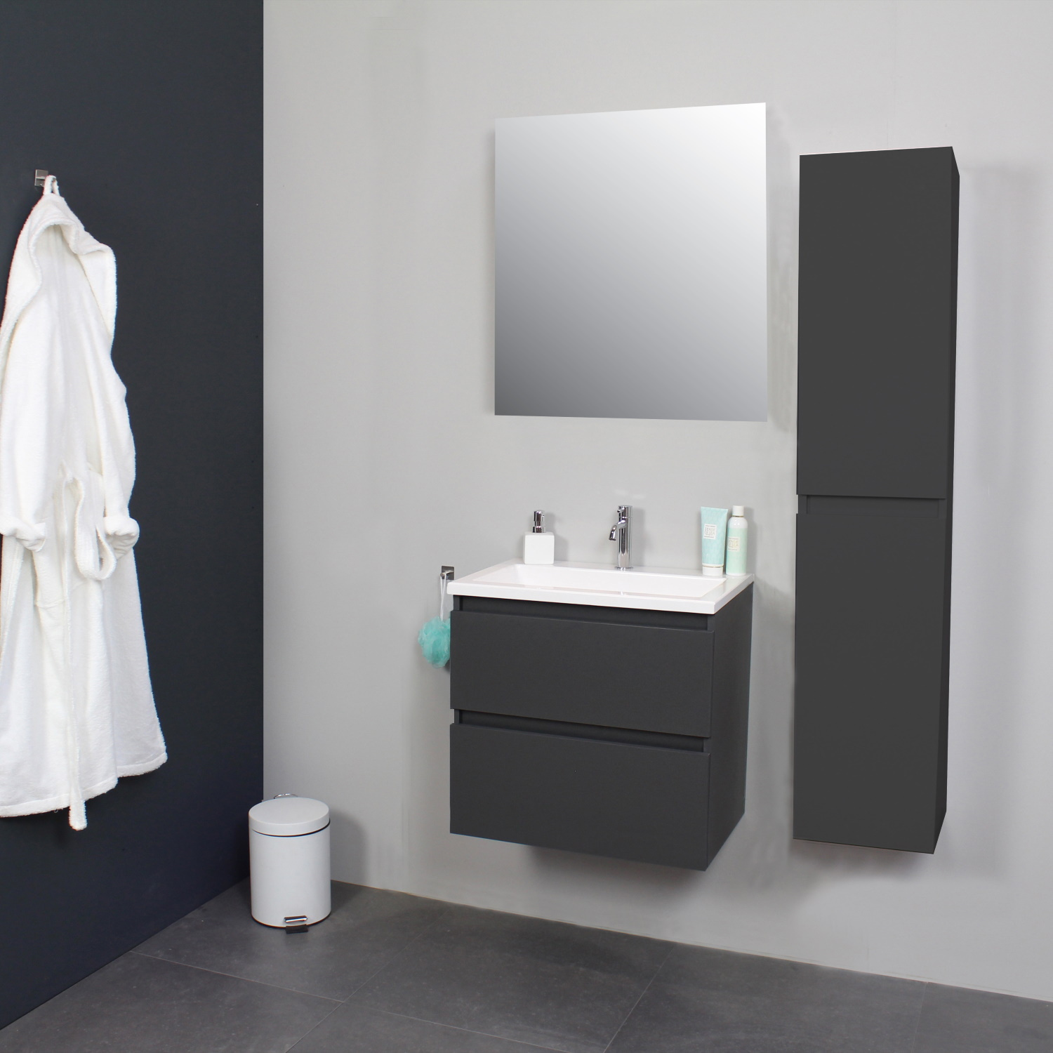 Badkamermeubel Boss & Wessing Pepper Acryl Wastafel Met Kraangat Inclusief Spiegel 60x55x46 cm Antraciet Boss & Wessing