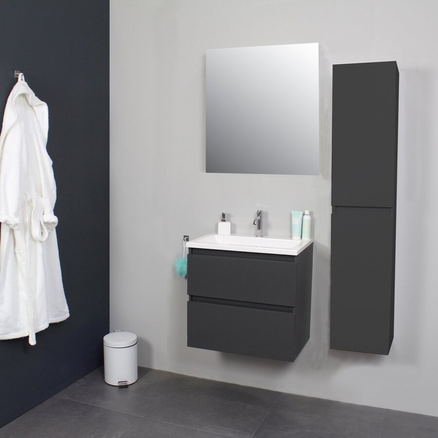 Badkamermeubel Boss & Wessing Pepper Acryl Wastafel Met Kraangat Inclusief Spiegel 60x55x46 cm Antraciet