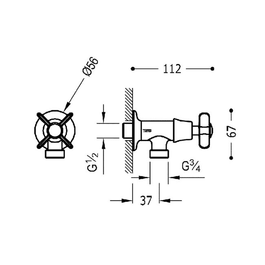 Wasmachinekraan Tres Clasic Kruisgreep Verouderd Messing