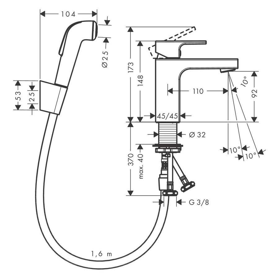 Wastafelmengkraan HansGrohe Vernis Shape Eengreeps 100 Zinc Met Handdouche en Doucheslang 160 cm Chroom