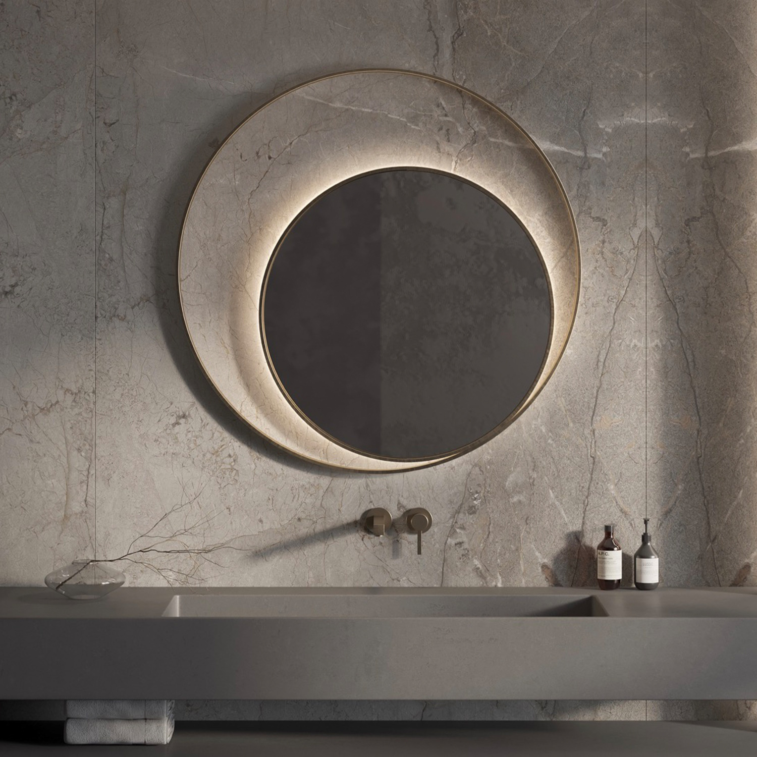 Designspiegel Martens & Meijer Athene Rond met Frame en Indirecte LED Verlichting 90 cm Geborsteld Messing Martens Design