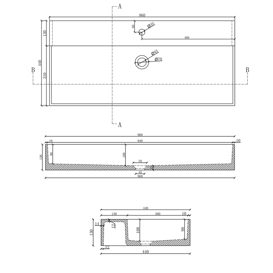Wastafel Sapho Quadrado 96x44 cm Wit