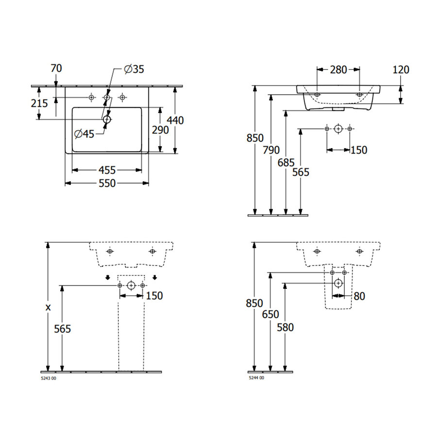 Wastafel Villeroy & Boch Subway 3.0 Met CeramicPlus Zonder Kraangat Zonder Overloop 55x44x16.5 cm Wit Alpin