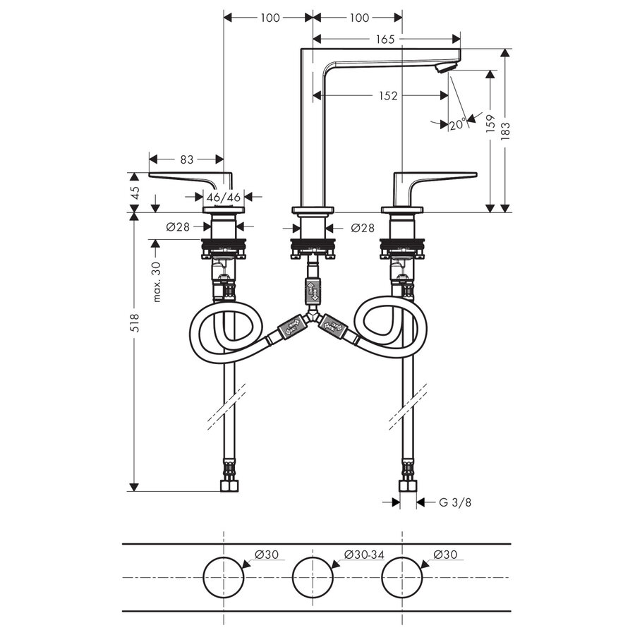 Wastafelmengkraan Metropol HansGrohe 3-Gats 160 met Rechte Greep en Push-Open Afvoer Mat Wit