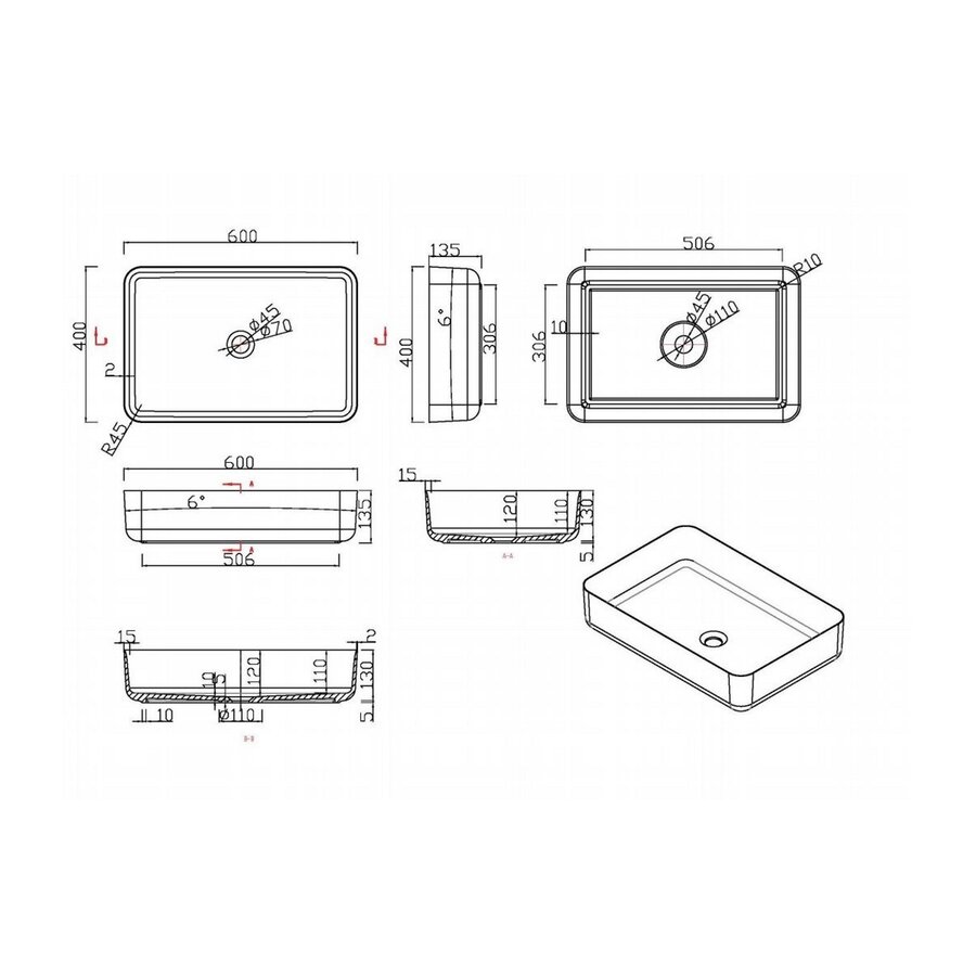 Waskom Opbouw Rechthoekig Luca Sanitair 60x40x13,5 cm Mineraalsteen Glans Wit