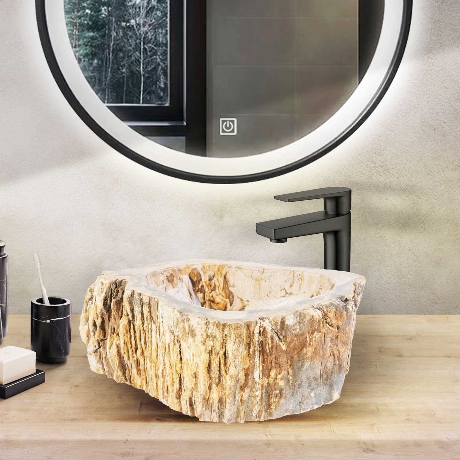 Waskom BWS Stone Organisch 30-35x15 cm Gepolijst Hout Bruin BWS