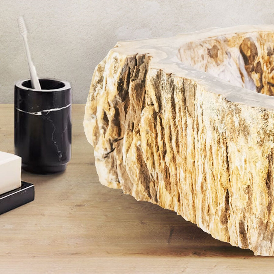 Waskom BWS Stone Organisch 30-35x15 cm Gepolijst Hout Bruin