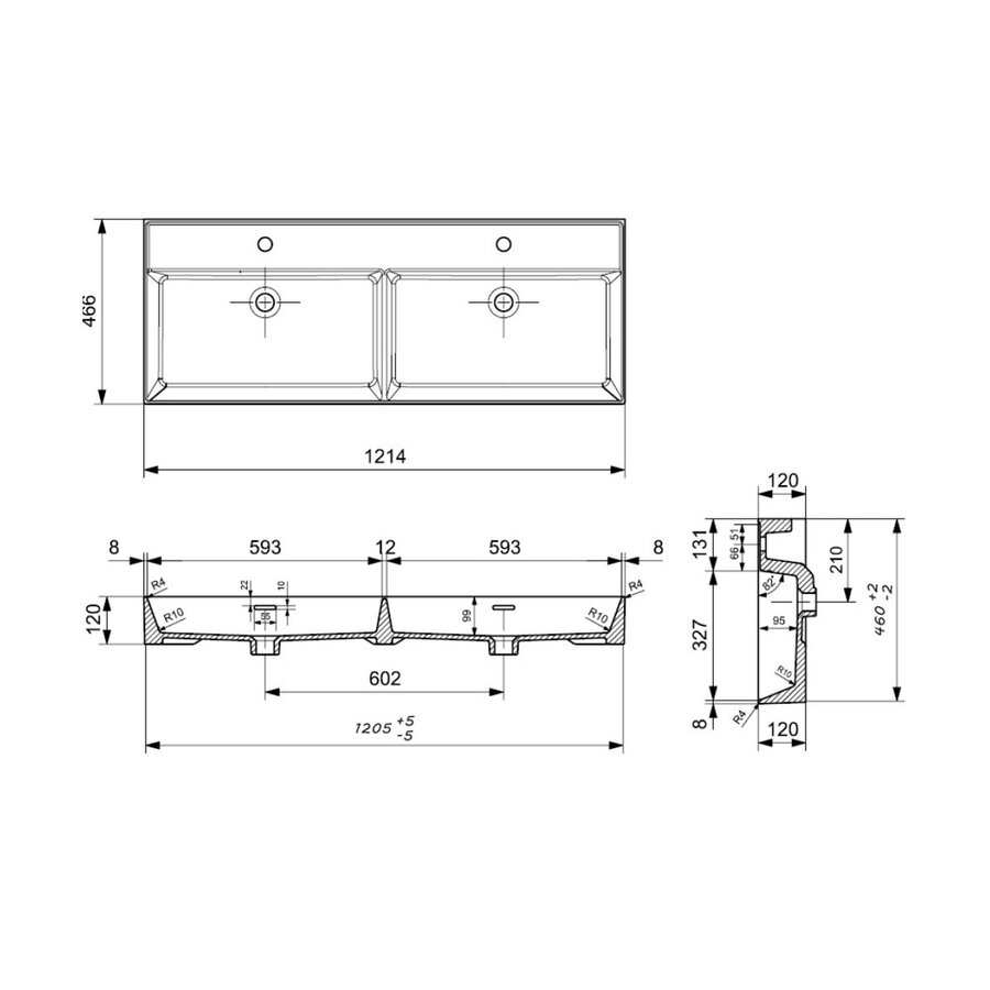 Wastafel Dubbel AQS Cloud Zonder Kraangat 120x46,6 cm met Overloop Wit